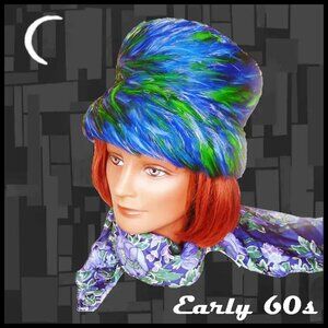 Vintage Hat + HATBOX Blue Green Feather High Fashion Modernist Bucket Hat